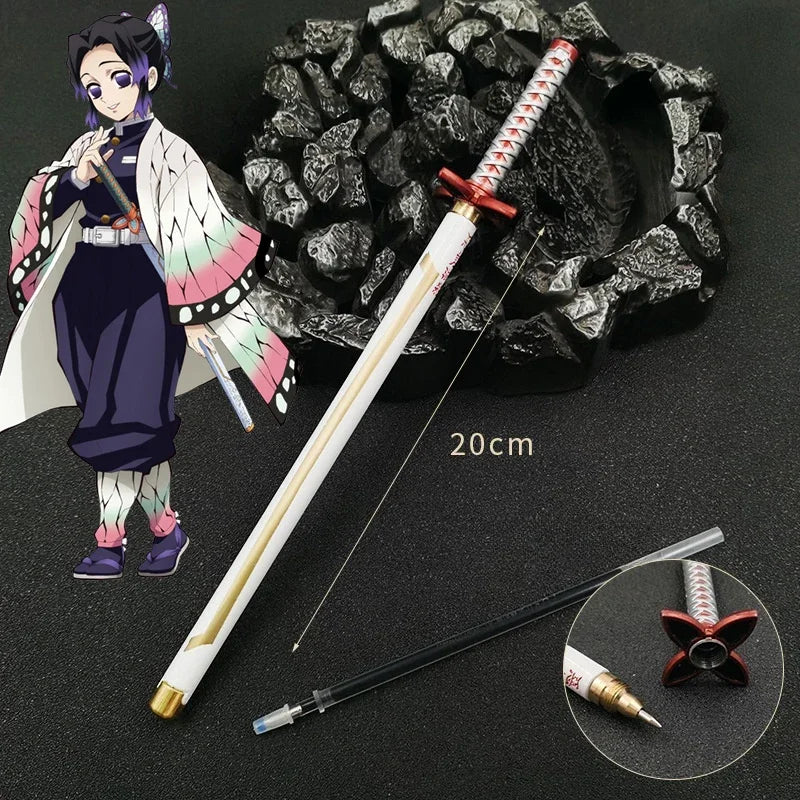 Pen gel stile anime Demon Slayer, modello con refills neri da 0,5mm, ispirato a cosplay con design di spada da cacciatore di demoni.