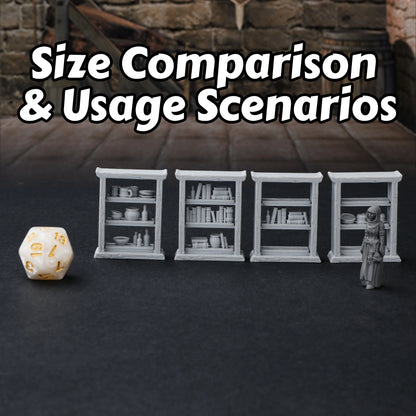 Miniatura di set di terrain RPG da 28mm con scaffali intercambiabili, librerie e credenze, per giochi di ruolo e tabletop.