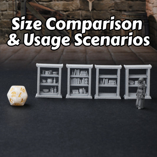 Miniatura di set di terrain RPG da 28mm con scaffali intercambiabili, librerie e credenze, per giochi di ruolo e tabletop.