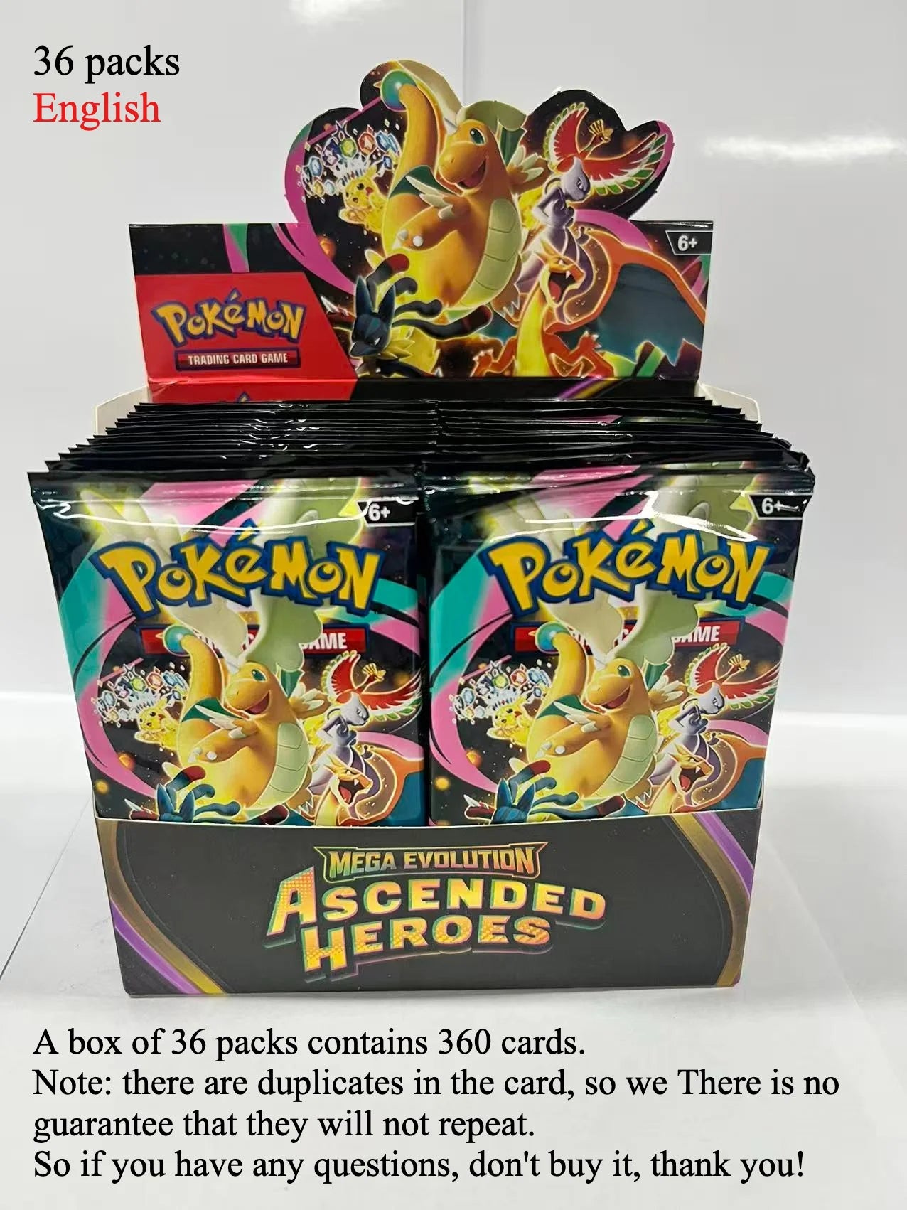 Scatola di booster Pokémon TCG Mega Evolution con buste e pacchetti casuali, carte collezionabili in inglese della serie Phantasmal Flames.