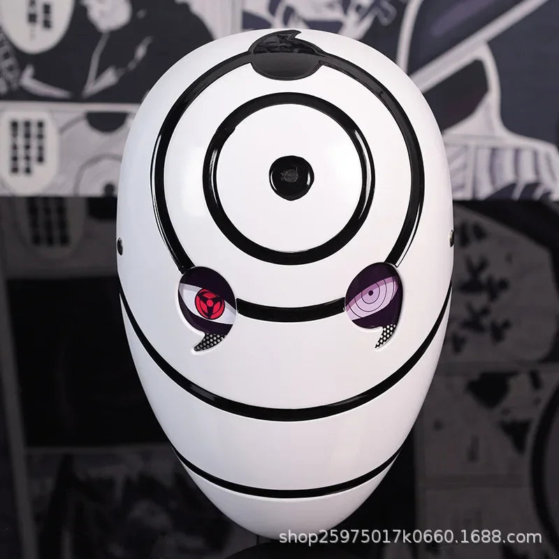 Maschera cosplay Uchiha Obito Sharingan Akatsuki Naruto, maschera rossa con simboli, perfetta per costumi cosplay anime.