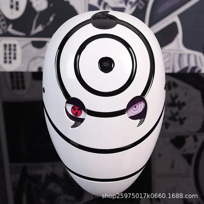 Maschera cosplay Uchiha Obito Sharingan Akatsuki Naruto, maschera rossa con simboli, perfetta per costumi cosplay anime.