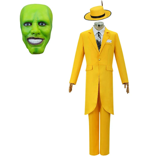 Costume cosplay Jim Carrey con maschera verde e uniforme gialla, adatto a adulti, unisex, per Halloween e performance teatrali.