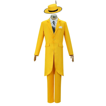 Costume cosplay Jim Carrey con maschera verde, uniforme giallo per adulti, ideale per Halloween o performance teatrali.