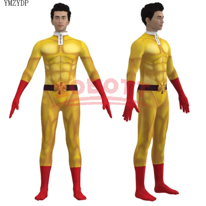 Costume cosplay di One Punch Man Saitama con tuta, mantello, maschera e accessori, ideale per eventi cosplay e Halloween.