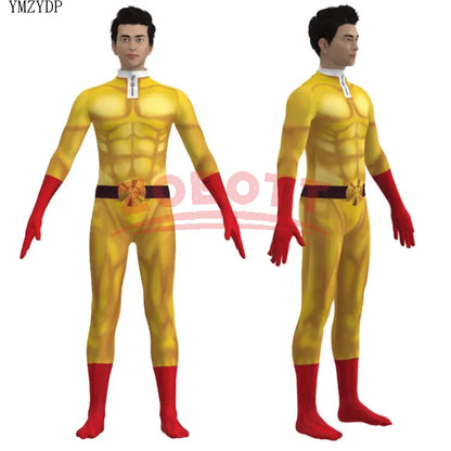 Costume cosplay di One Punch Man Saitama con tuta, mantello, maschera e accessori, ideale per eventi cosplay e Halloween.