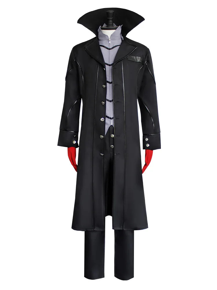 Costume cosplay Joker Persona 5 con cappotto nero, parrucca, guanti e maschera, completo di abbigliamento e accessori.