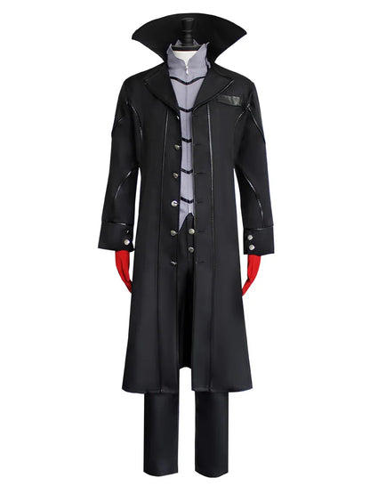Costume cosplay Joker Persona 5 con cappotto nero, parrucca, guanti e maschera, completo di abbigliamento e accessori.