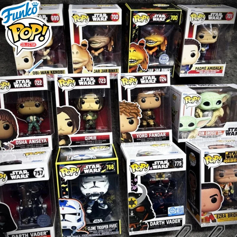 Funko Pop Star Wars Darth Vader e Obi-Wan Kenobi Jedi Master, figure in stile cartoon con dettagli colorati e iconici.
