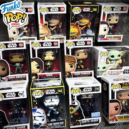 Funko Pop Star Wars Darth Vader e Obi-Wan Kenobi Jedi Master, figure in stile cartoon con dettagli colorati e iconici.