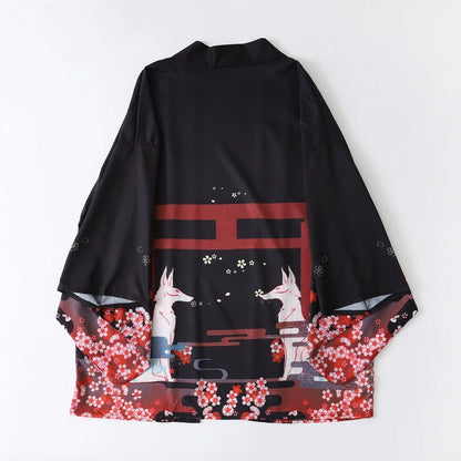 Kimono estivo da donna con stampa volpe, cardigan streetwear cosplay giapponese, stile kimono tradizionale Harajuku.