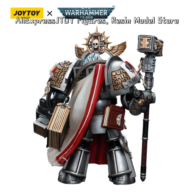 Figura d'azione Warhammer 40K Grey Knights Grand Master Voldus Caddon Vibova, dettagliata e posata in armatura da warhammer.