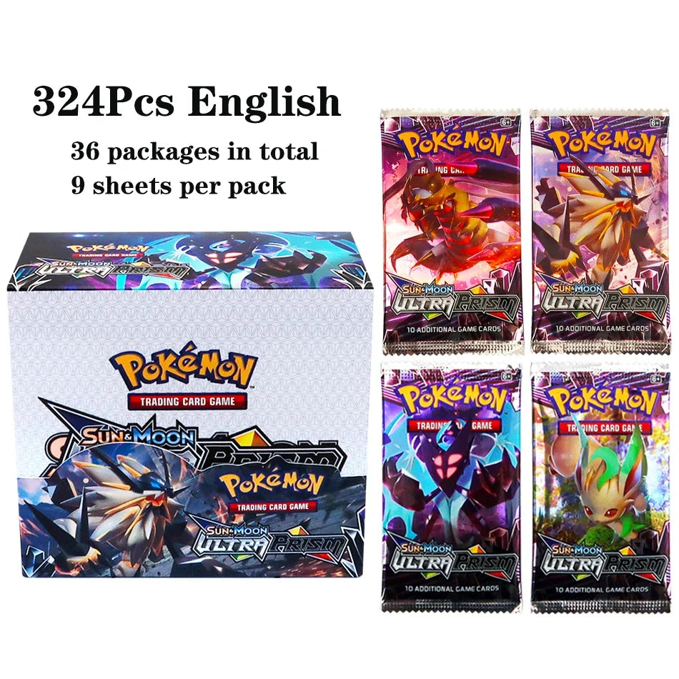 Lotto di 36 buste di carte Pokémon TCG in inglese, con 324 carte, visualizzate in una scatola display.