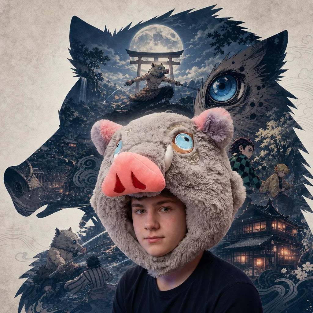 Cappello cosplay Inosuke Demon Slayer con testa di cinghiale, morbido e dettagliato, per costumi Kimetsu no Yaiba, di Otaku Family Store.