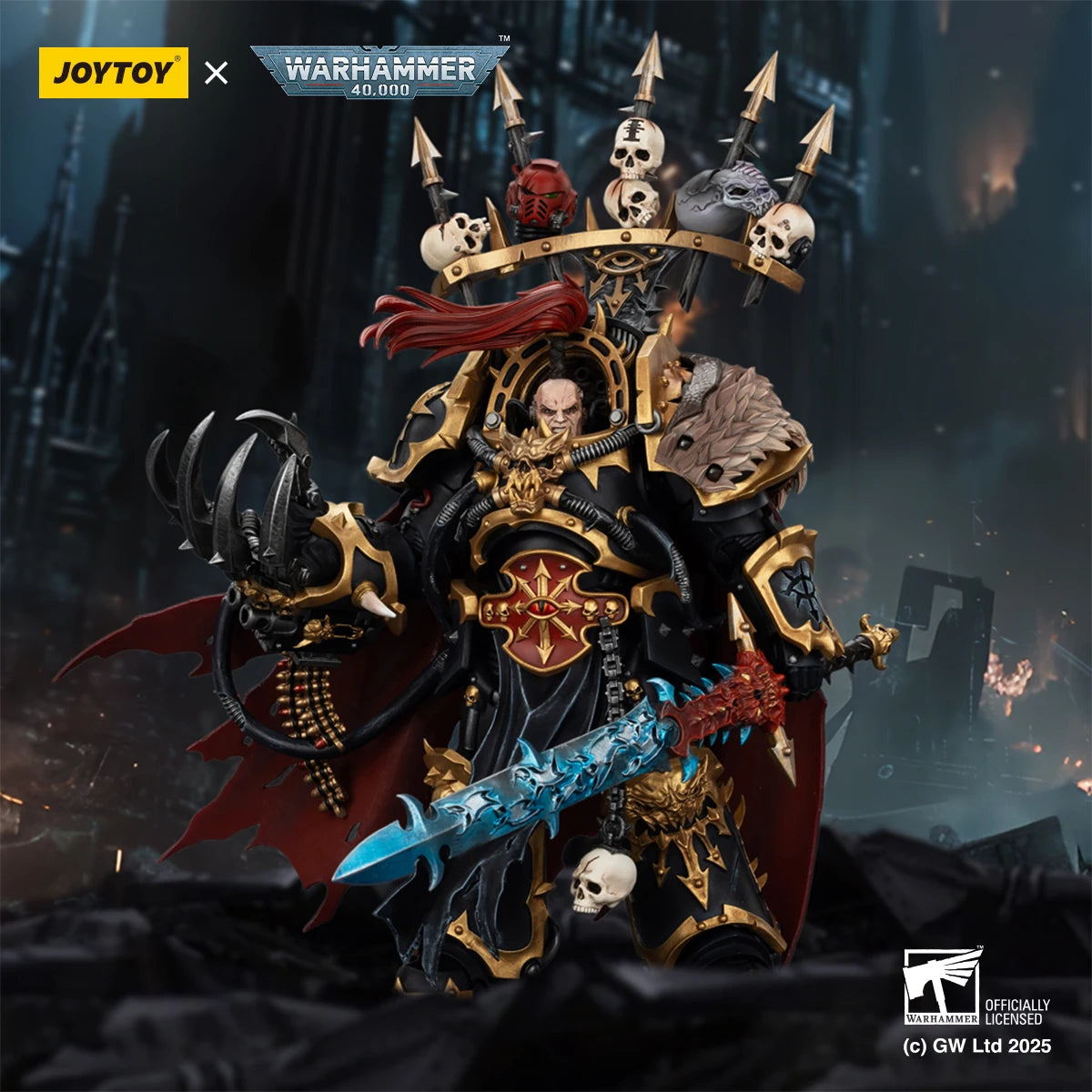 Miniatura ACTION FIGURE Warhammer 40K Black Legion Abaddon the Despoiler con Drach'nyen e il Talon of Horus, figura in plastica dettagliata.