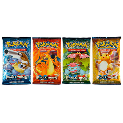 Scatola di carte Pokémon TCG Evolutions con 36 bustine e 360 carte in inglese, visualizzate con illustrazioni di Pokémon.