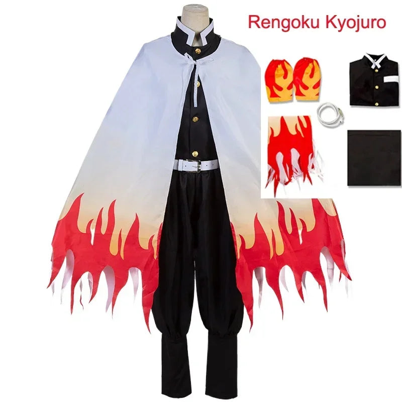 Costume cosplay di Rengoku Kyojuro da Demon Slayer Kimetsu no Yaiba con mantello, parrucca e dettagli per adulti e bambini.
