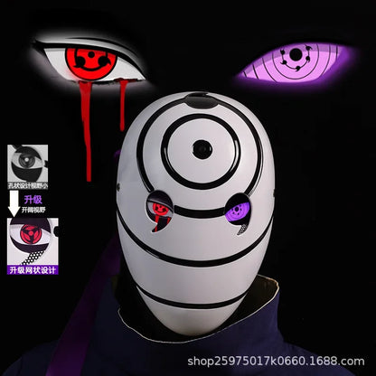 Maschera cosplay Uchiha Obito Sharingan Akatsuki Naruto, maschera in stile cosplay con disegno Sharingan e simboli Akatsuki.