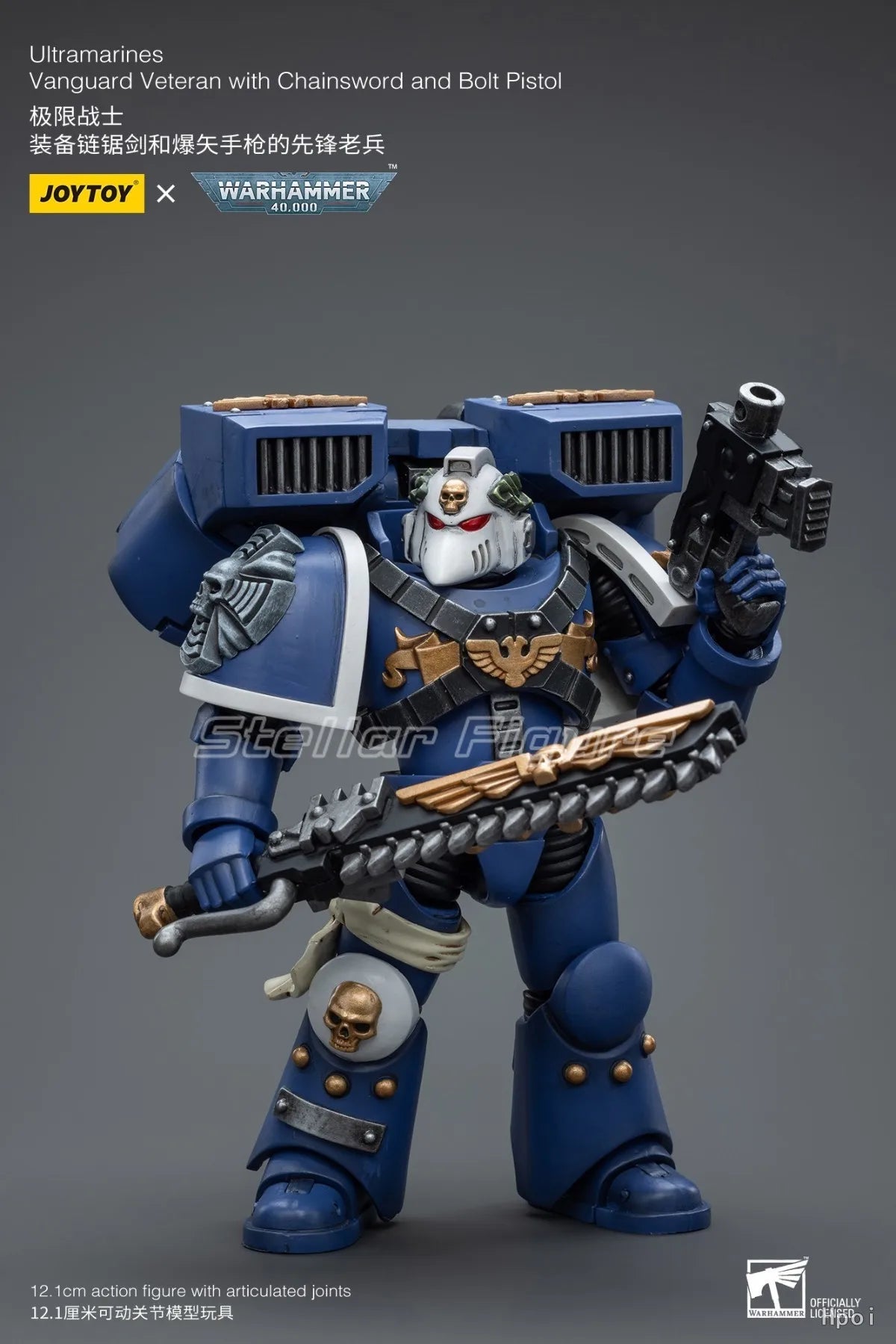 Figura d'azione Warhammer Ultramarines Vanguard Veteran con catena, pistola bolt, dettagli realistici, collezione e ornamenti.