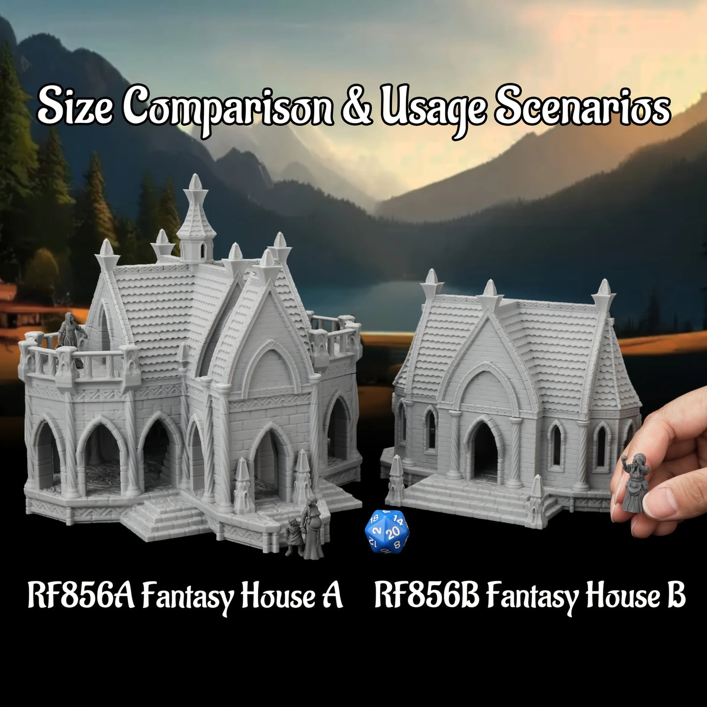 Miniature di terrain fantasy Otaku Family Store per giochi di ruolo da tavolo, con case e elementi fantasy dettagliati.