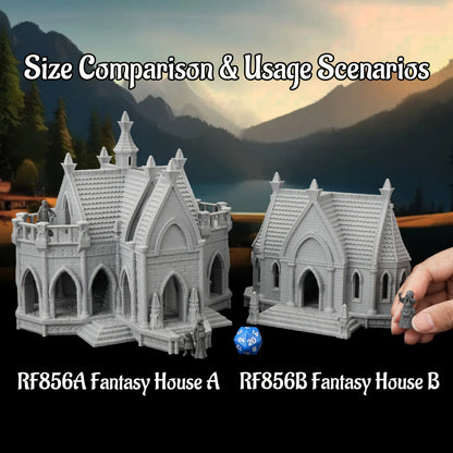 Miniature di terrain fantasy Otaku Family Store per giochi di ruolo da tavolo, con case e elementi fantasy dettagliati.