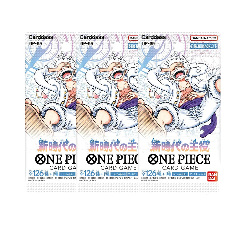 Pacchetti di carte del gioco One Piece Booster Pack OP01-OP12 di Bandai, con personaggi e illustrazioni colorate.