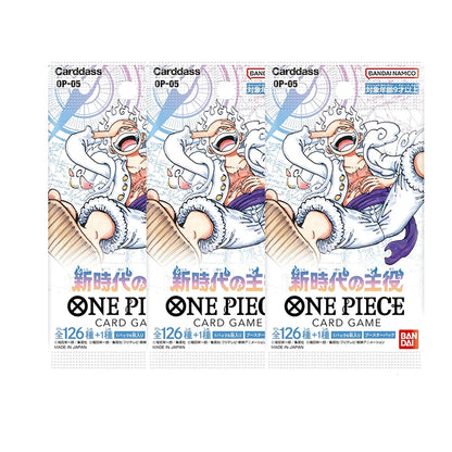 Pacchetti di carte del gioco One Piece Booster Pack OP01-OP12 di Bandai, con personaggi e illustrazioni colorate.