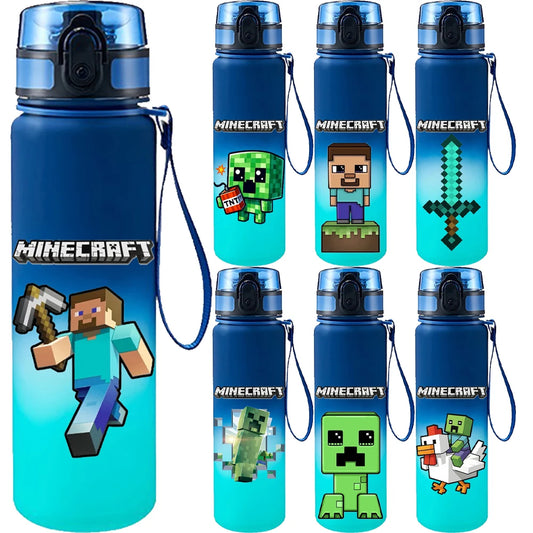 Borraccia portatile da 650ml in plastica con stile pixel Minecraft, colore blu, resistente alle perdite, ideale per sport e outdoor.