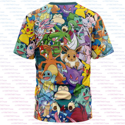 Maglietta Pokémon Pikachu e Snorlax, gadget anime giapponese, con illustrazione di Pikachu e Snorlax su tessuto morbido.
