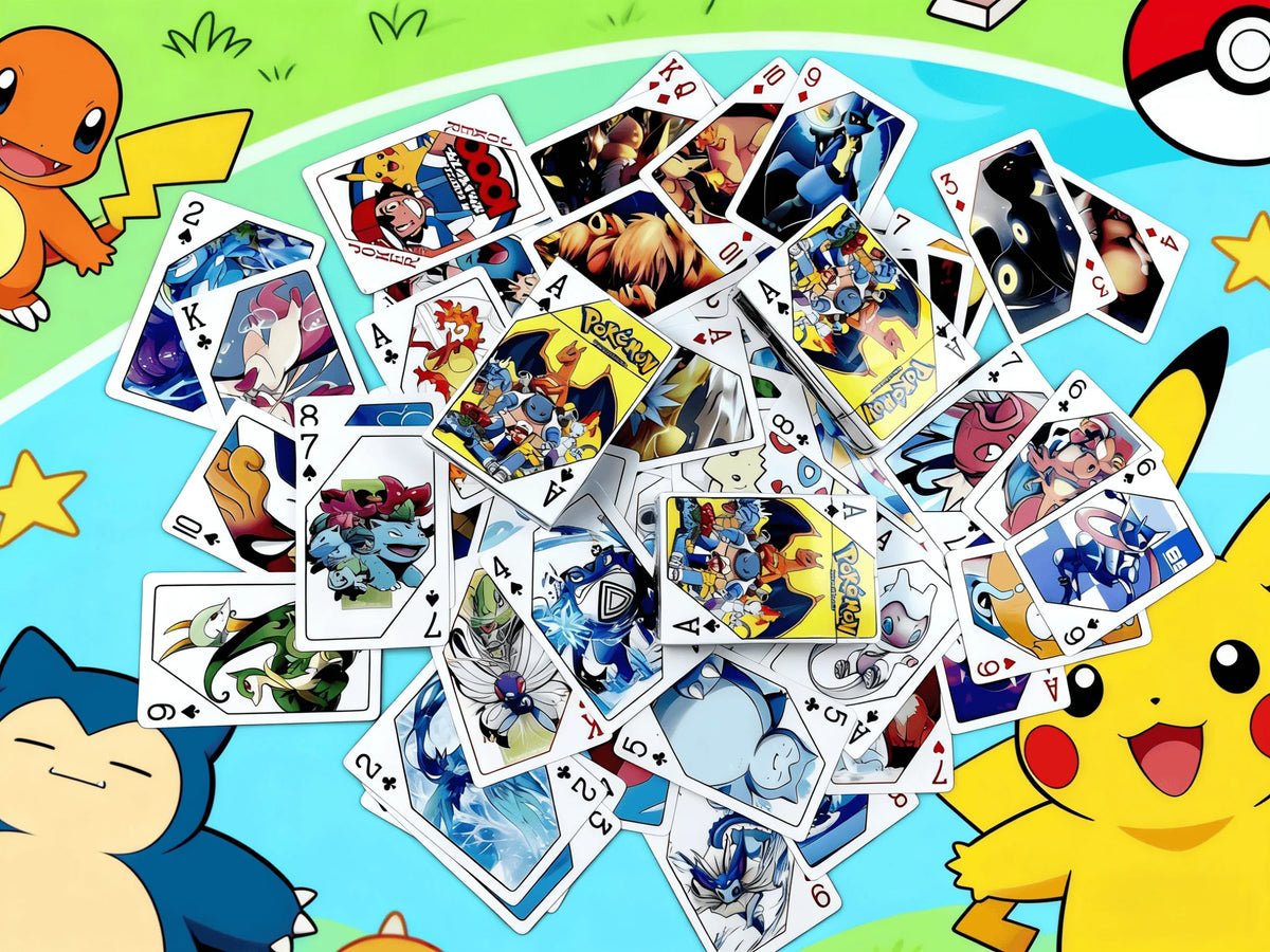 Carte da gioco Pokémon POKER della Otaku Family Shop Online, set di carte colorate con immagini di personaggi Pokémon.