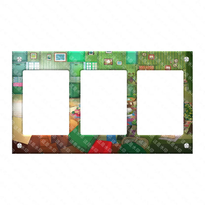 Supporto espositore in acrilico con carte Pokémon anime, raffigurante Charizard, Mewtwo e Latias, design esteso e dettagliato.