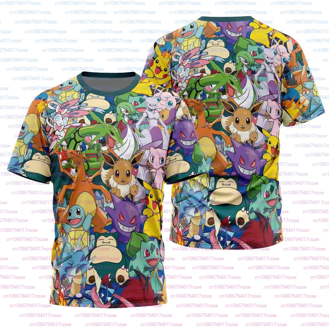 Maglietta Pokémon Pikachu e Snorlax, gadget anime giapponese, con immagini dei personaggi Pikachu e Snorlax su tessuto colorato