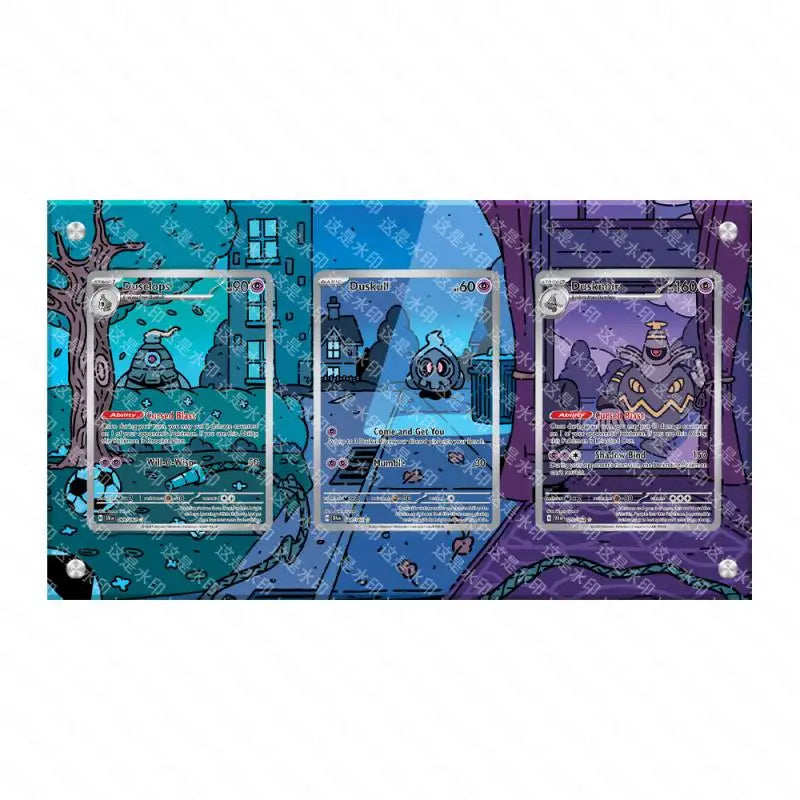 Supporto display per carte Pokémon Anime Classics con Charizard, Mewtwo e Latias in acrilico trasparente, decorativo e autoportante.