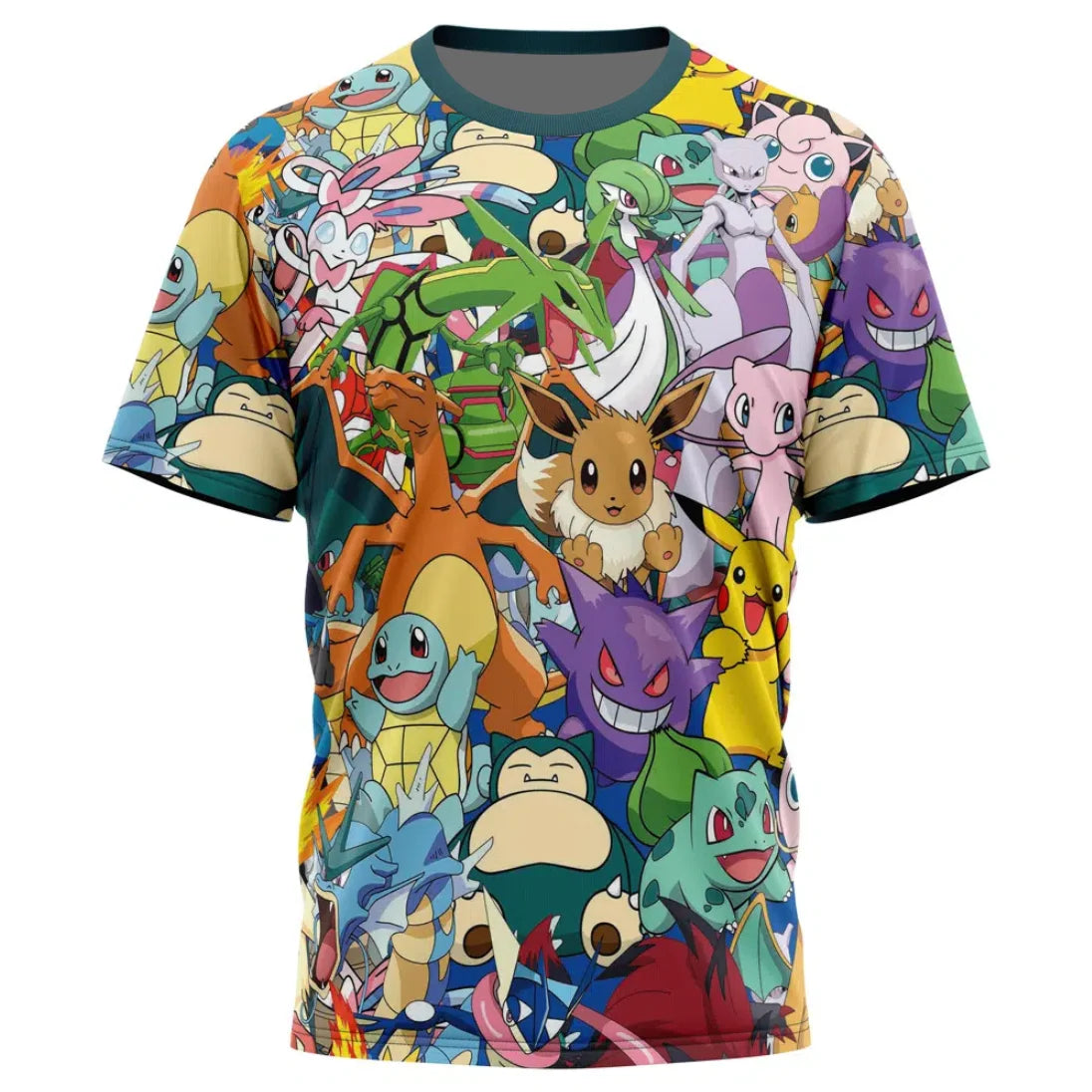 Maglietta Pokémon Pikachu e Snorlax, gadget anime giapponese, con personaggi colorati e dettagli vivaci su tessuto morbido.