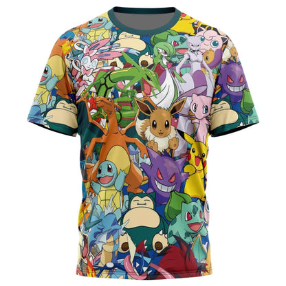 Maglietta Pokémon Pikachu e Snorlax, gadget anime giapponese, con personaggi colorati e dettagli vivaci su tessuto morbido.