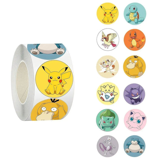 Rotolo di 500 adesivi Pikachu cartoni animati Pokemon in PVC, decorazioni per laptop e graffiti, stile cute e divertente.