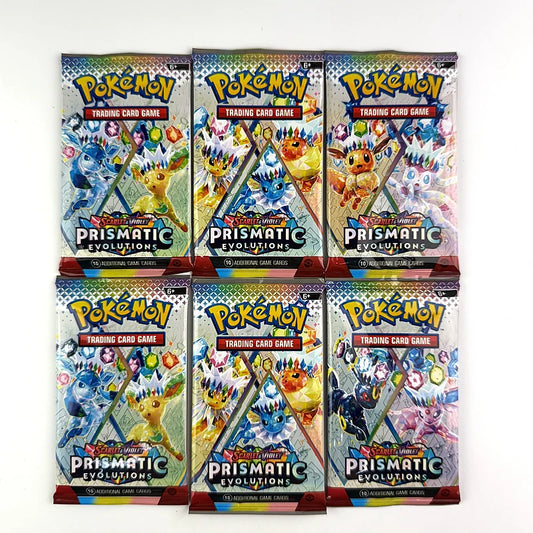 Carte da gioco TCG Pokémon Prismatic Evolutions con 151 carte casuali, marca Otaku Family Shop Online, mostra carte colorate e dettagliate