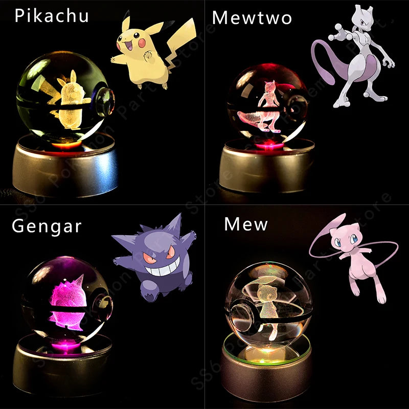 Lampada da notte gadget Otaku Family con sfera Pokémon 3D di Pikachu, Gengar e Mewtwo, illuminazione decorativa per fan Pokémon.