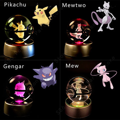 Lampada da notte gadget Otaku Family con sfera Pokémon 3D di Pikachu, Gengar e Mewtwo, illuminazione decorativa per fan Pokémon.