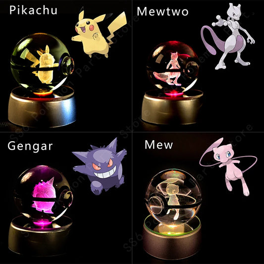 Lampada da notte gadget Otaku Family con sfera Pokémon 3D di Pikachu, Gengar e Mewtwo, illuminazione decorativa per fan Pokémon.