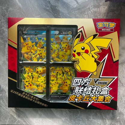Carte Pokémon TCG Originale Pikachu V-Union in scatola regalo, nuove e sigillate, con illustrazione cartoon e collegamenti di carte.