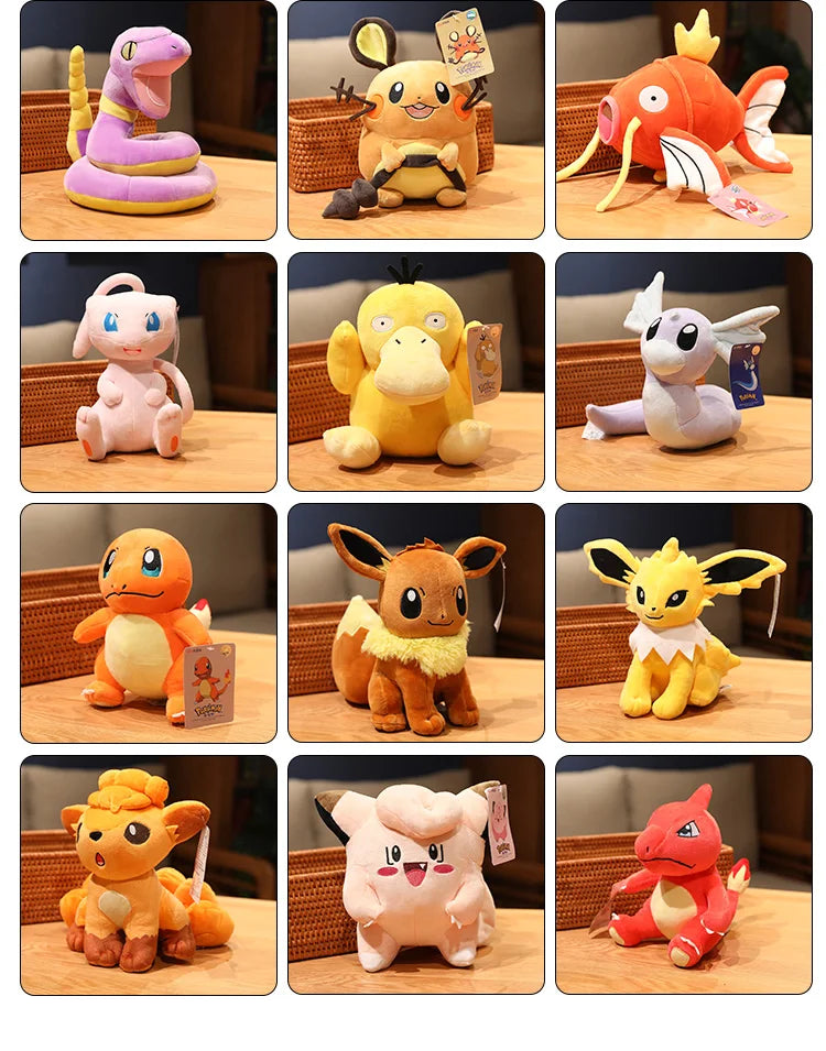 Peluches di Pokémon Pikachu, Charizard, Gengar, Squirtle, Espeon, Glaceon e Umbreon, gadget morbido e colorato.