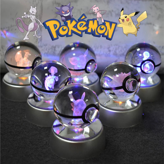 Lampada da notte a forma di sfera Pokémon Crystal con Pikachu, Gengar e Mewtwo, gadget luminoso Otaku Family Shop Online.