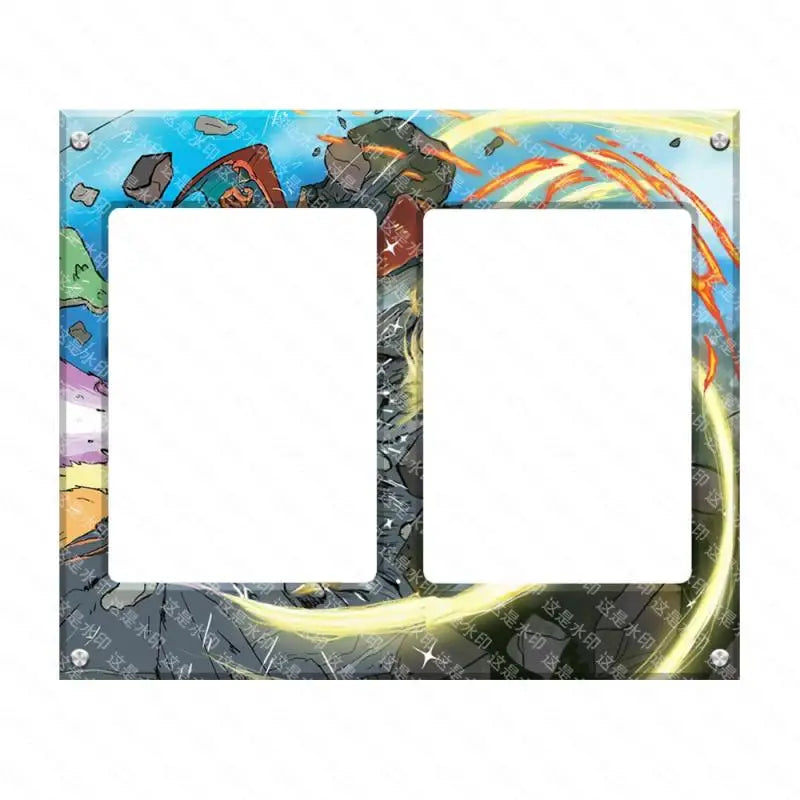Cartoline Pokémon Latias, Charizard e Mewtwo su stand di esposizione in acrilico, stile anime e collezione classica.
