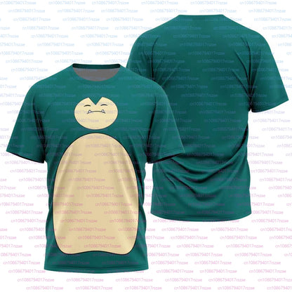 T-shirt Pokémon Pikachu e Snorlax, gadget anime giapponese, con immagini di Pikachu e Snorlax su tessuto morbido e colorato