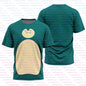 T-shirt Pokémon Pikachu e Snorlax, gadget anime giapponese, con immagini di Pikachu e Snorlax su tessuto morbido e colorato
