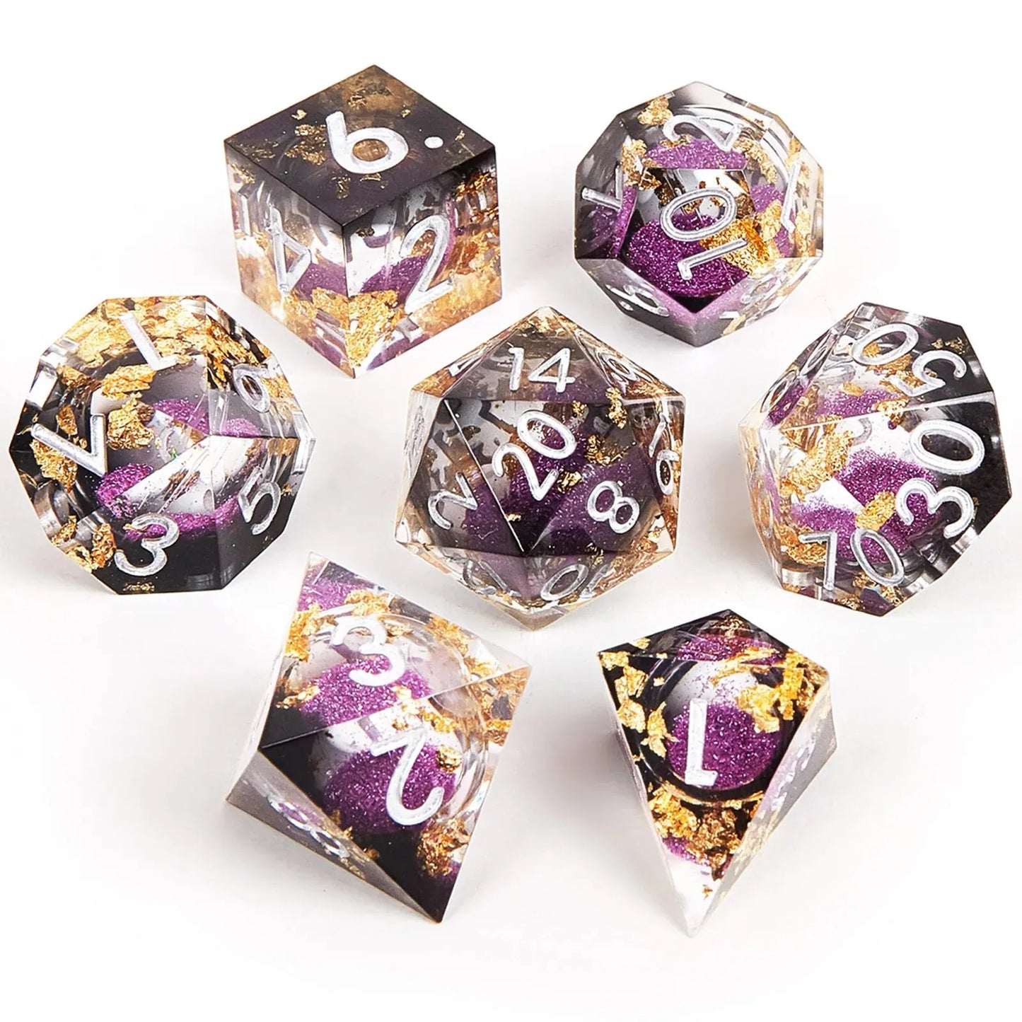 Set di dadi in resina liquida con bordi affilati, gadget RPG della collezione Otaku Family Store Online, ideale per giochi di ruolo.