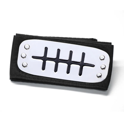 Copricapo Naruto cosplay Hitai-ate in stile ninja con design dettagliato, ideale per costumi ispirati a anime e cosplay.