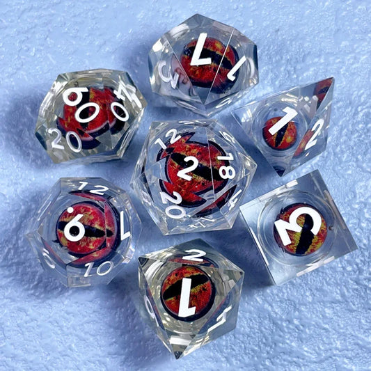 Set di 7 dadi D20 Liquid Core "Flow Eye" di Otaku Family Store, dadi colorati per giochi di ruolo come D&D e Pathfinder.