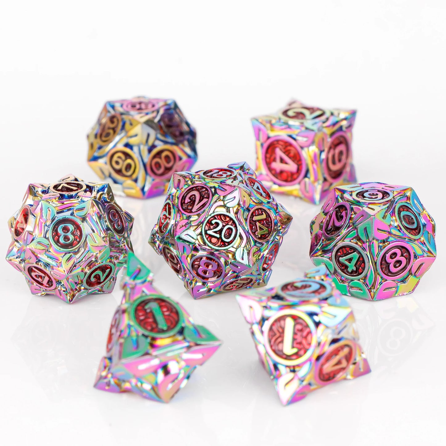 Set di 7 dadi poliedrici in metallo della collezione mista Otaku Family Store, ideali per giochi di ruolo D&D.